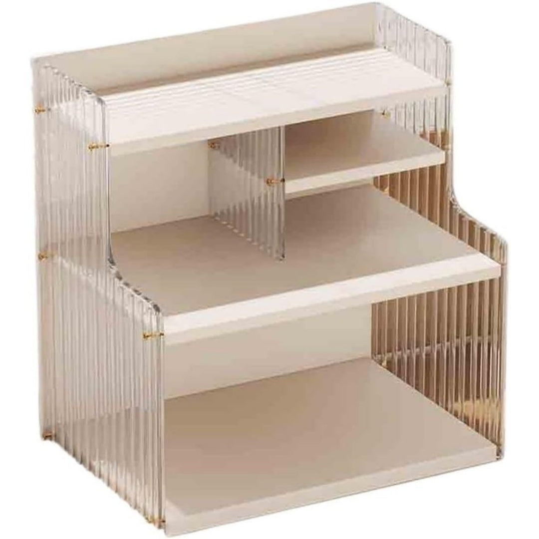 Bibliotheque murale beige en panneau de particules avec rangement