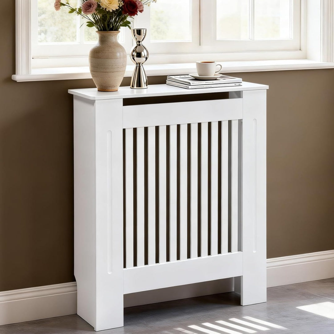 Touche Moderne, habillage radiateur gris clair en panneau de particules