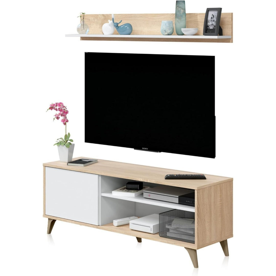 Meuble TV gris clair 135 cm, de rangement malin