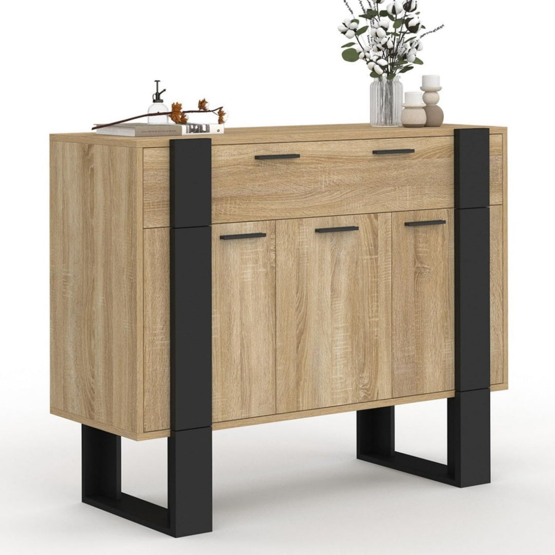 Enfilade marron materiau durable, finition style industriel, a 3 portes 1 tiroir