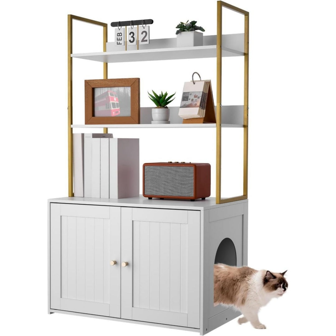 Cache-litiere gris clair 2 etageres esprit fermier en bois ingenierie