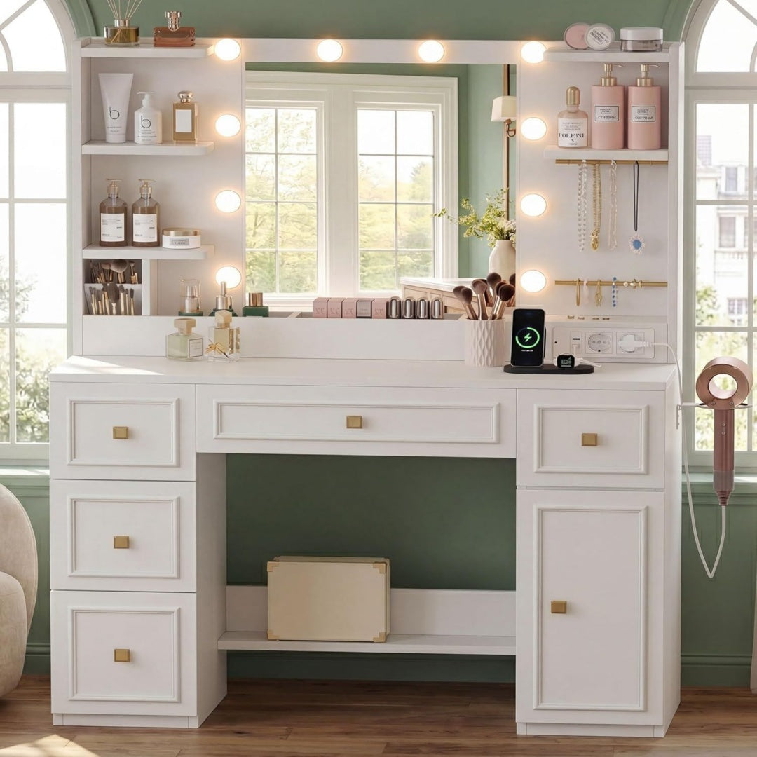 Table beaute gris clair avec 6 tiroirs