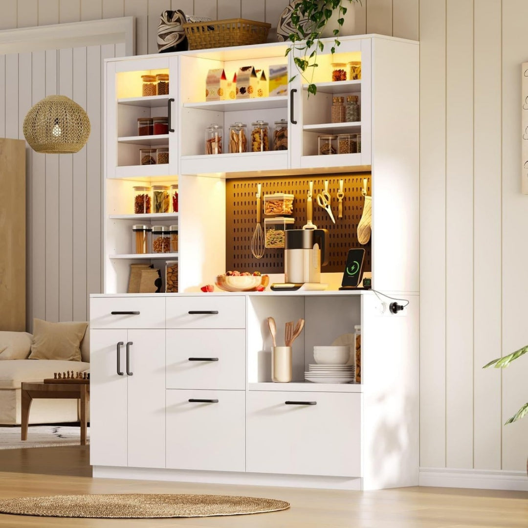 Buffet en bois gris clair 5 tiroirs avec eclairage LED