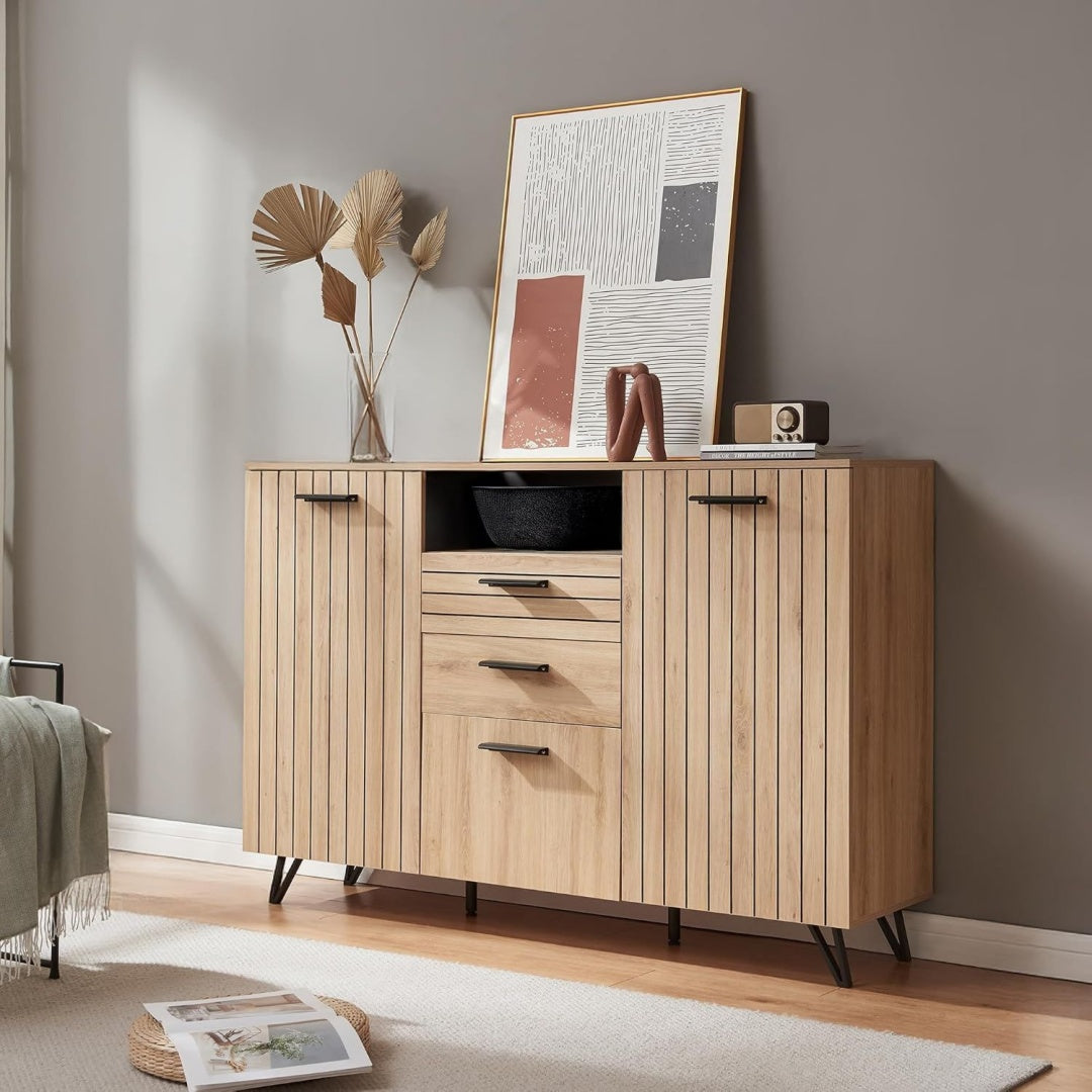 Buffet pratique marron a 3 portes 2 tiroirs bois ingenierie style contemporain
