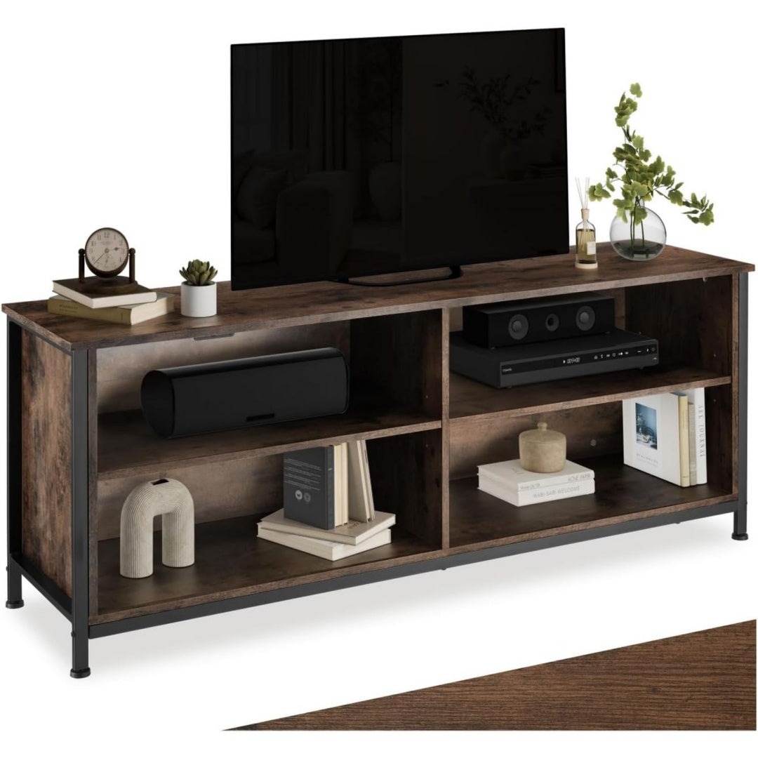 Petit meuble TV avec 4 compartiments et des etageres reglables en hauteur
