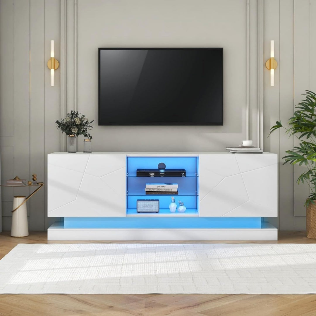 Meuble TV style contemporain gris clair 3 etageres, bois ingenierie durable
